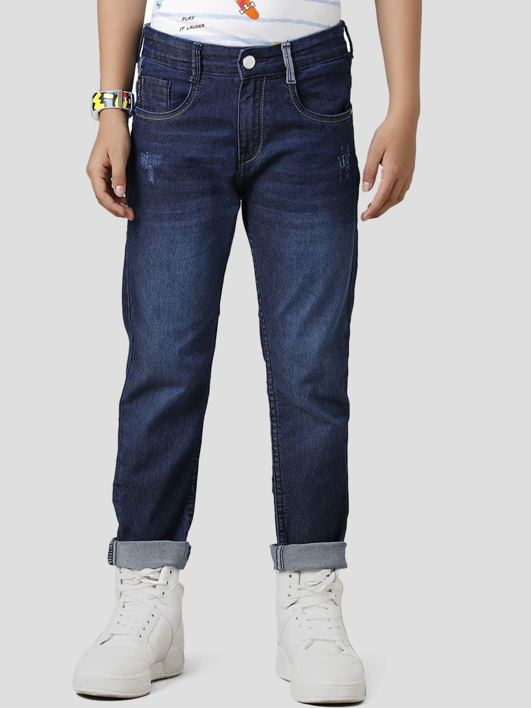 

UNDER FOURTEEN ONLY Boys Slim Fit Low Distress Light Fade Cotton Jeans, Navy blue