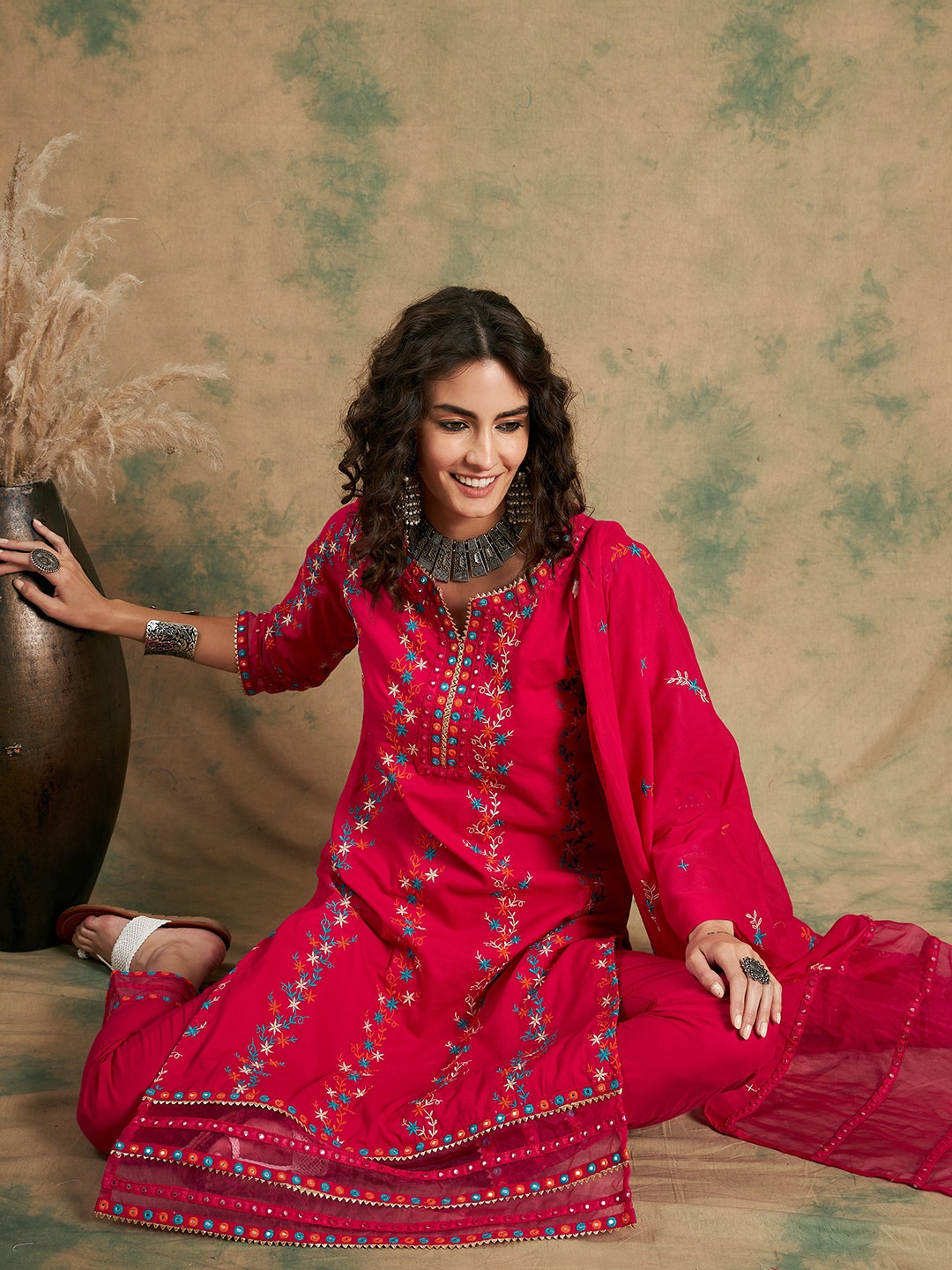 

Sangria Floral Embroidered Straight Pure Cotton Kurta With Trouser & Dupatta, Red