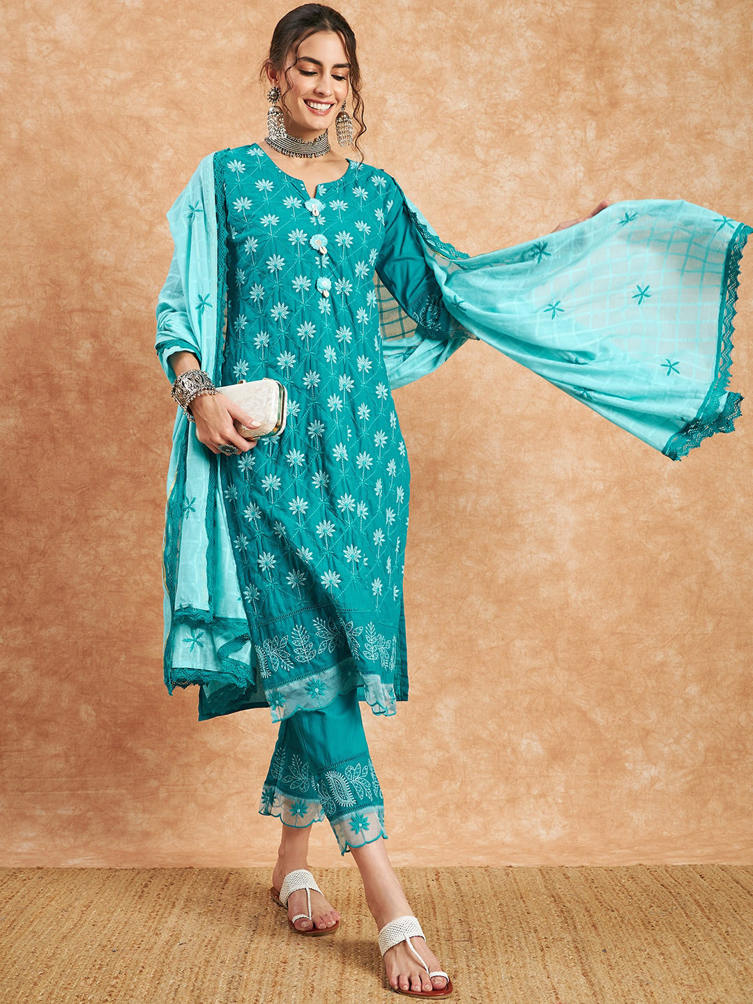 

Sangria Turquoise Blue Ethnic Motifs Embroidered Pure Cotton Kurta With Trouser & Dupatta