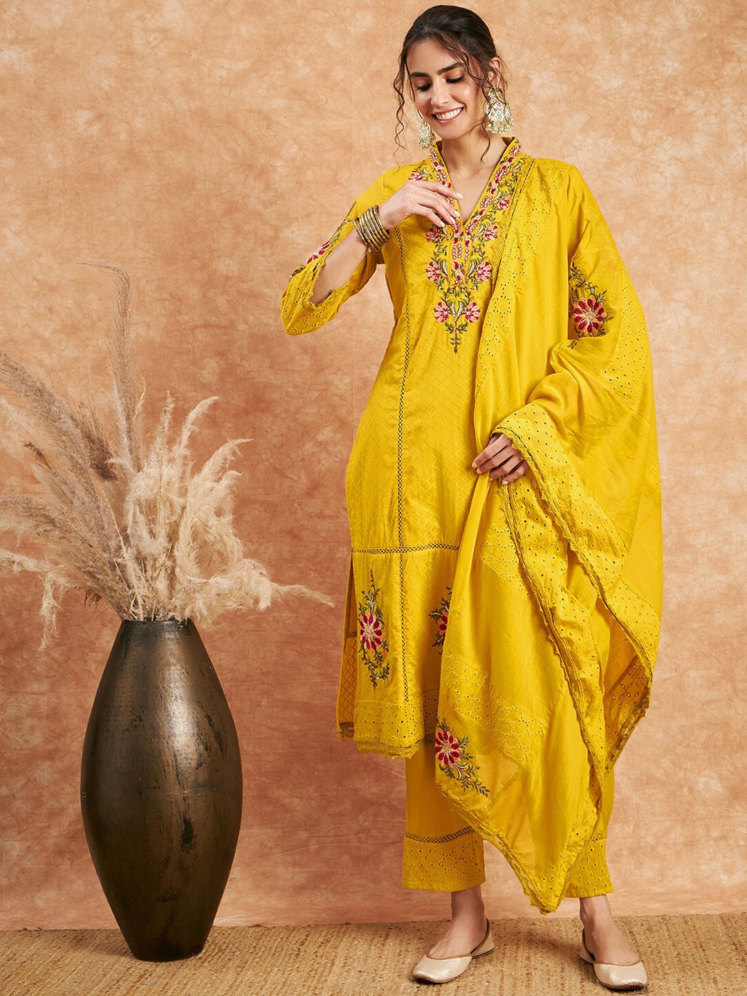 

Sangria Floral Embroidered Pure Cotton Straight Kurta With Trouser & Dupatta, Mustard