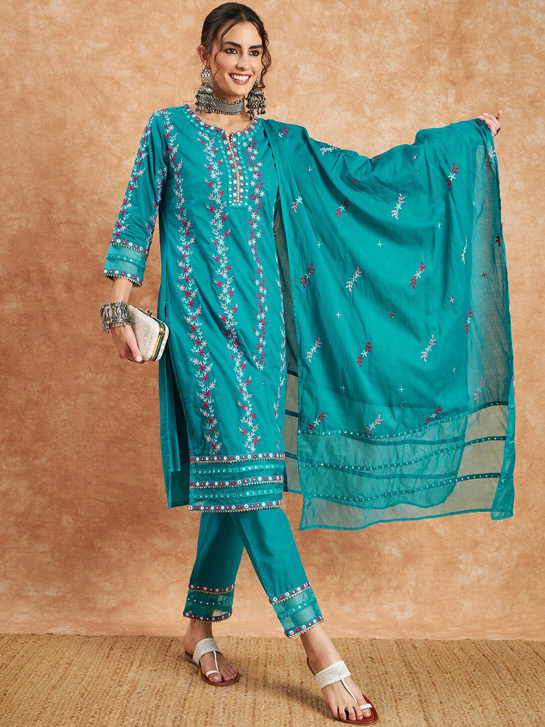 

Sangria Firozi Pure Cotton Floral Embroidered Straight Kurta With Trouser & Dupatta, Turquoise blue