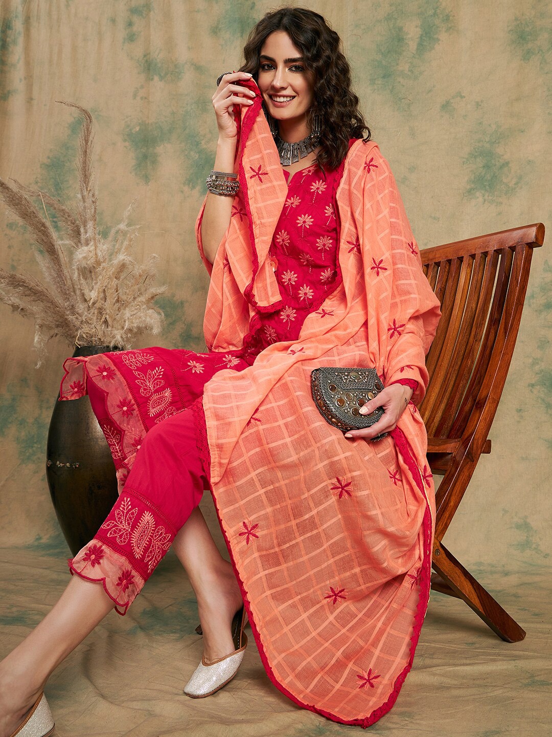 

Sangria Floral Embroidered Pure Cotton Straight Kurta With Trouser & Dupatta, Red