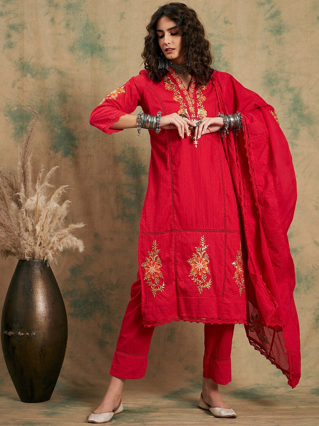 

Sangria Red Woven Design Thread Work Detail Pure Cotton Kurta & Trouser With Dupatta