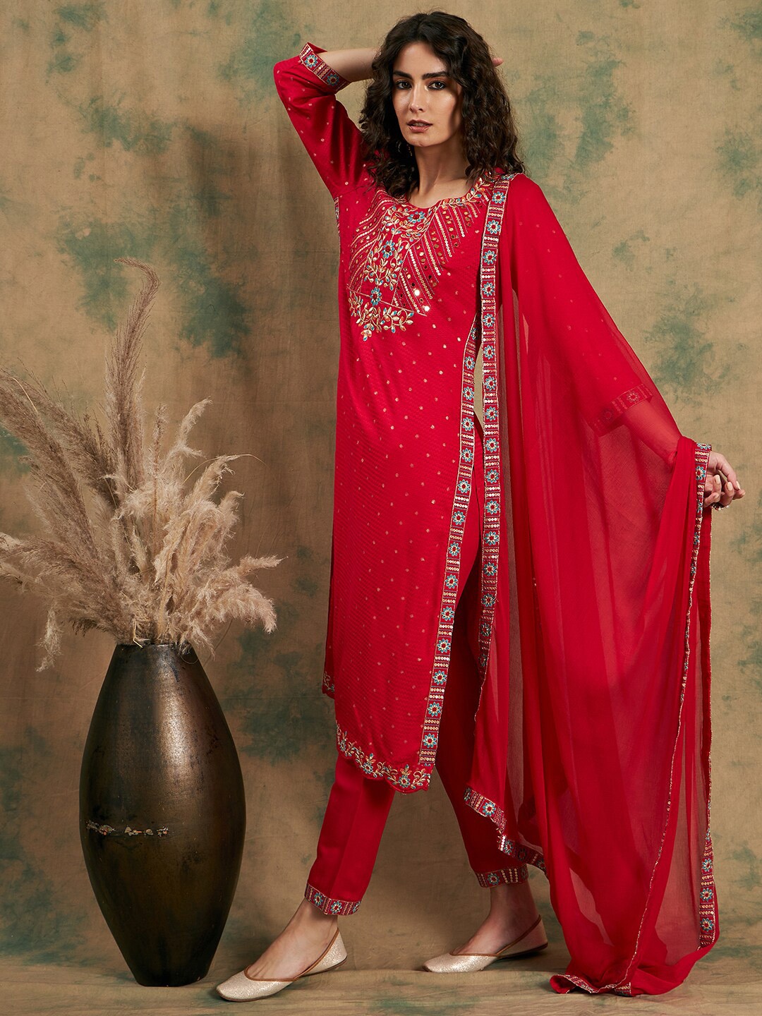 

Sangria Embroidered Straight Kurta & Trousers With Dupatta, Pink