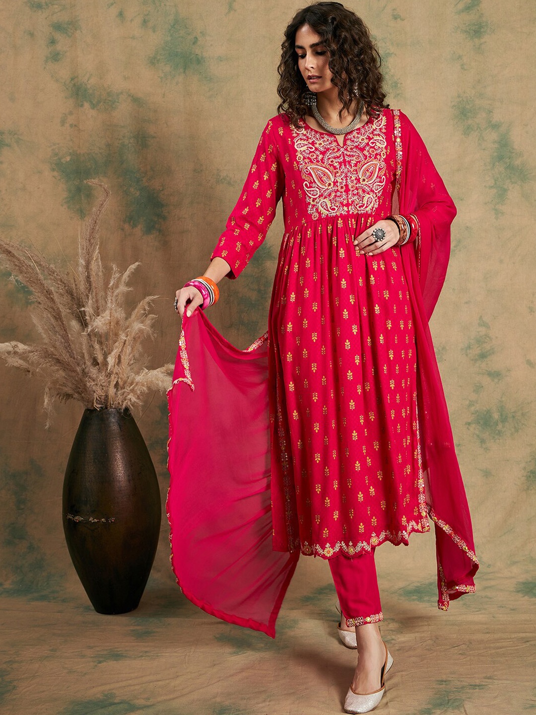 

Sangria Floral Printed & Embroidered Nayra-Cut Kurta With Trouser & Dupatta, Pink