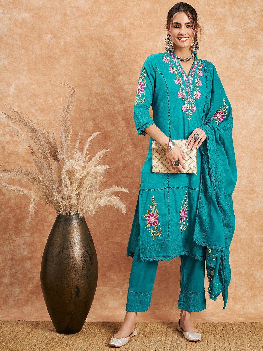 

Sangria Blue Woven Design Thread Work Detail Pure Cotton Kurta & Trouser With Dupatta, Turquoise blue