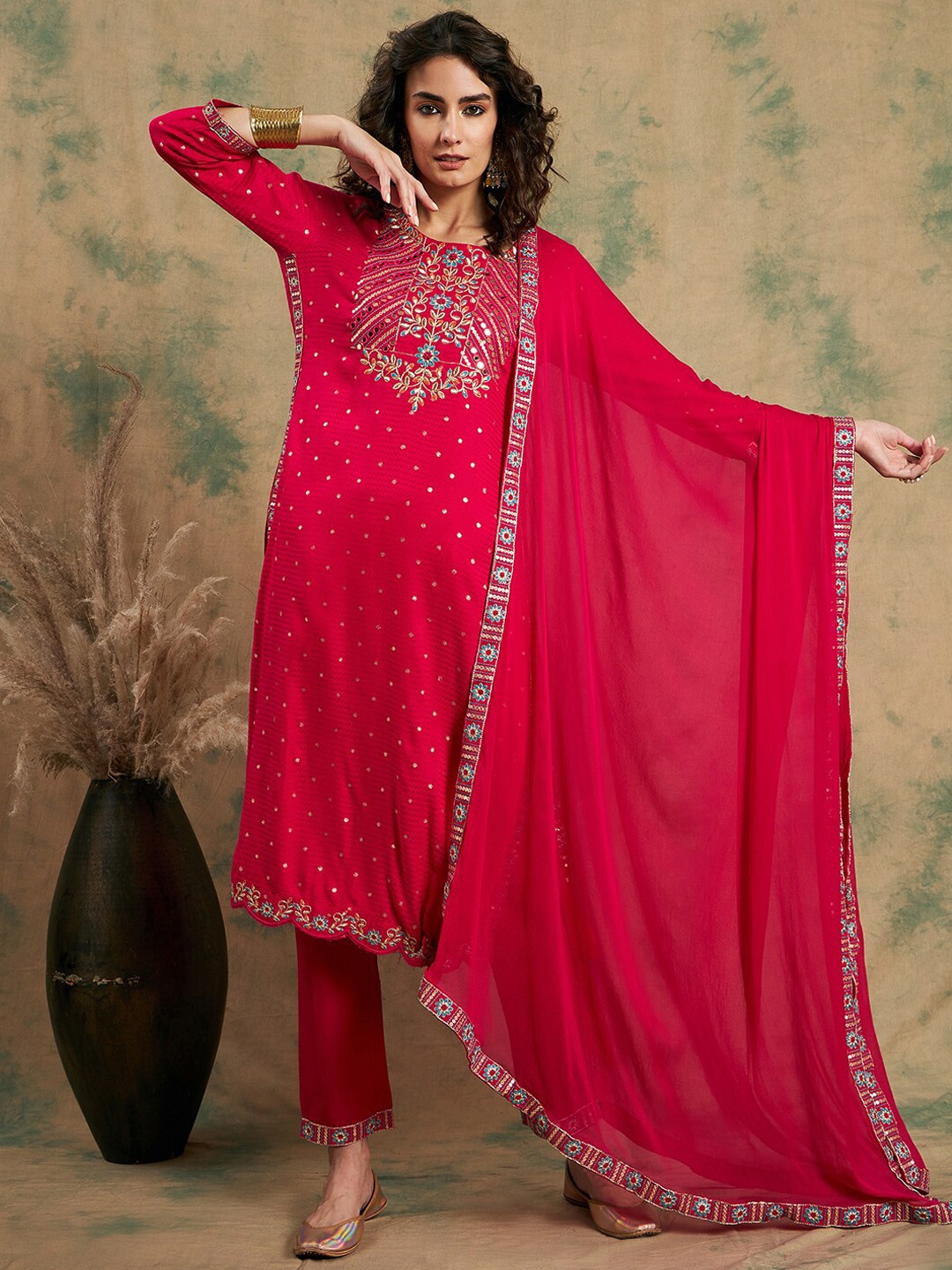 

Sangria Embroidered Straight Kurta & Trousers With Dupatta, Red
