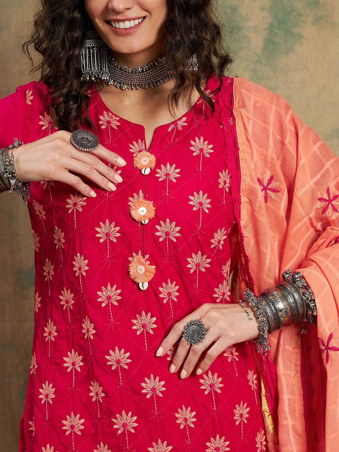 

Sangria Pink Floral Embroidered Tread Work Detail Kurta & Trouser With Dupatta