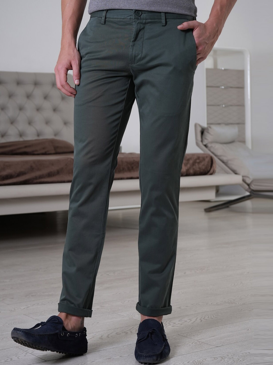 

POE Men Smart Slim Fit Trousers, Olive