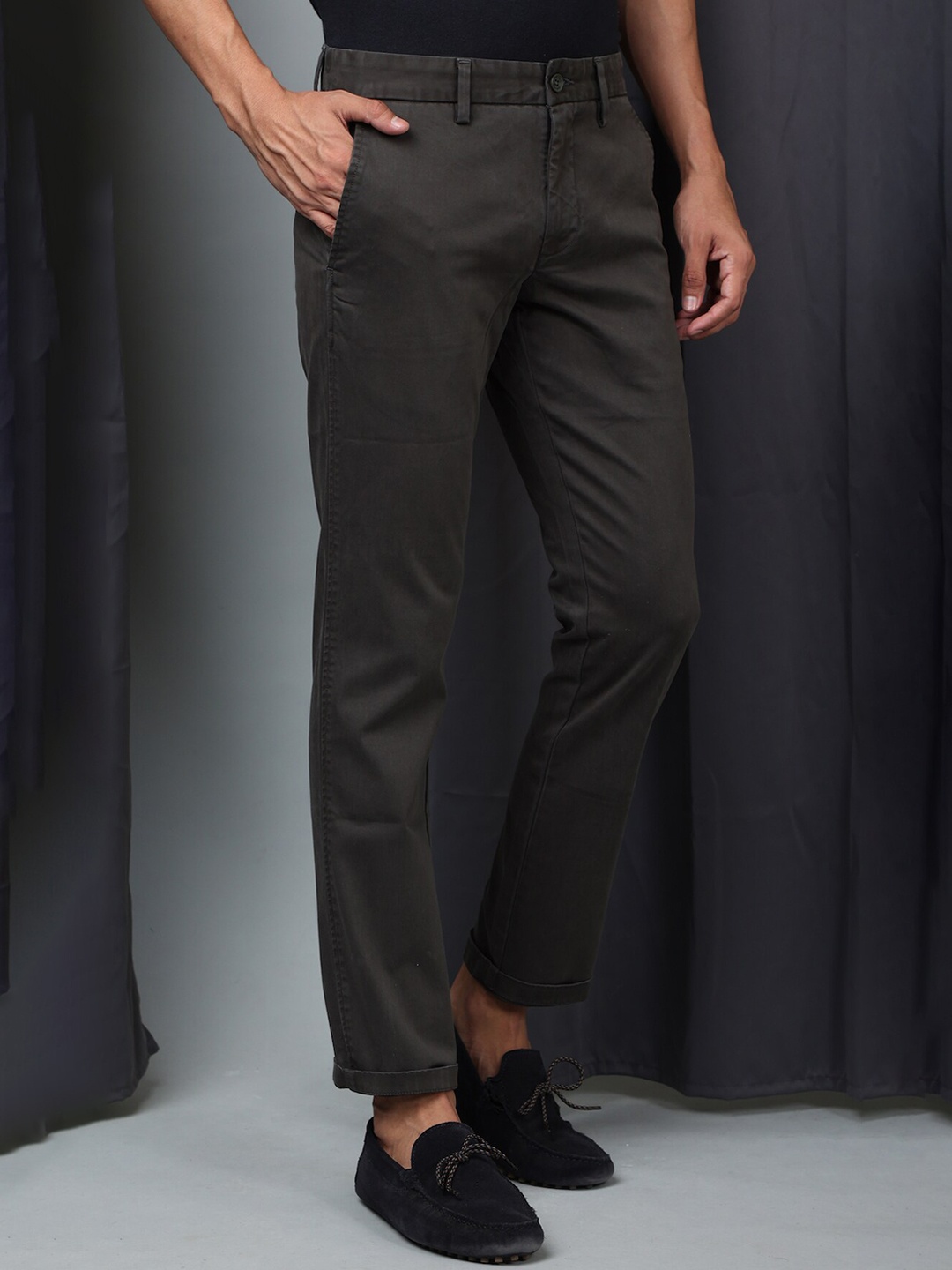 

POE Men Smart Slim Fit Chinos Trousers, Olive