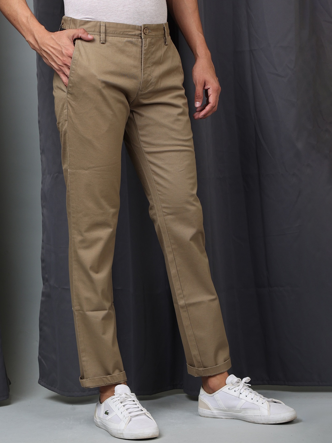 

POE Men Mid-Rise Smart Slim Fit Chinos Trousers, Khaki