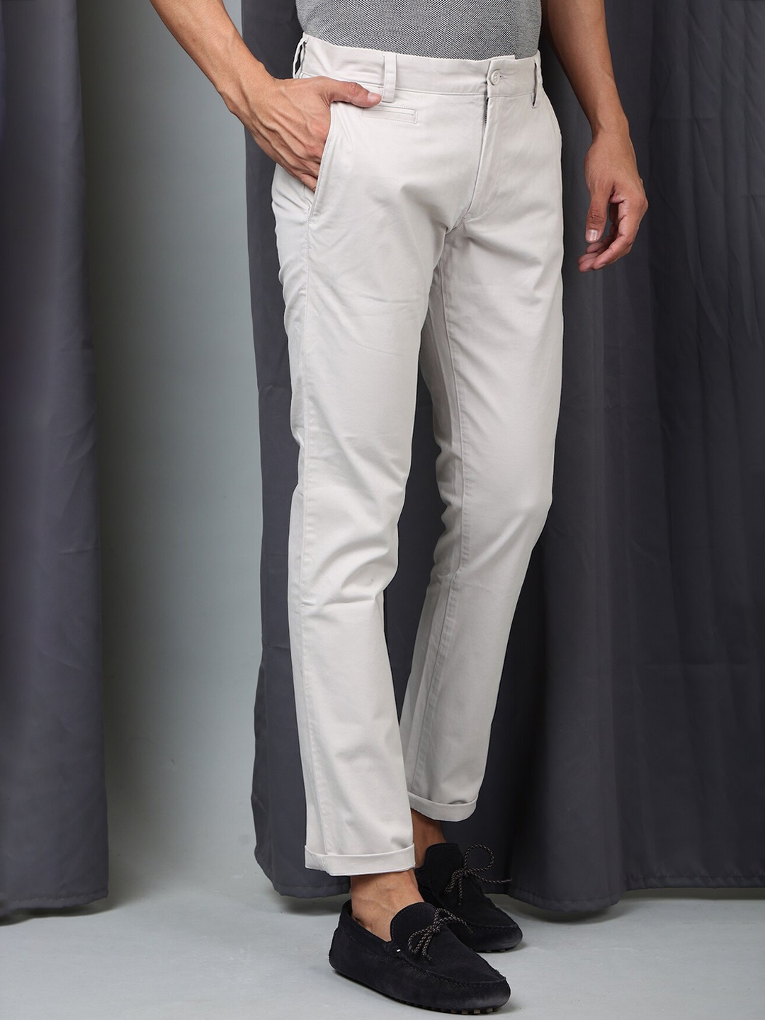 

POE Men Mid-Rise Smart Slim Fit Chinos Trousers, Grey