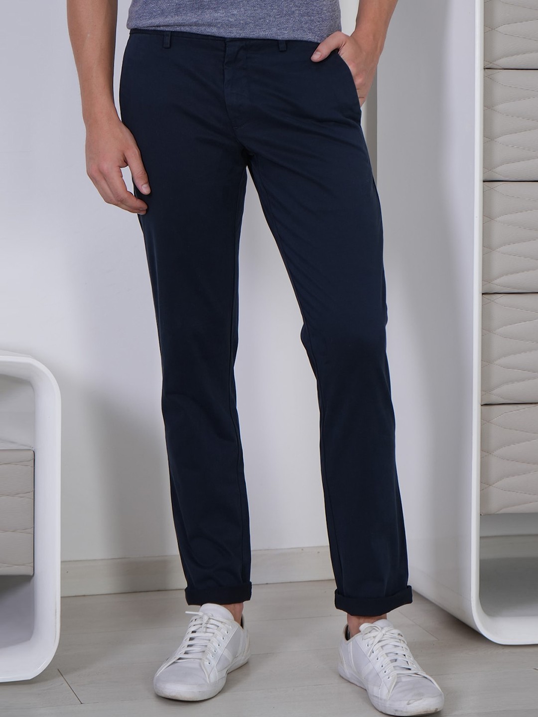 

POE Men Mid-Rise Smart Slim Fit Chinos Trousers, Navy blue