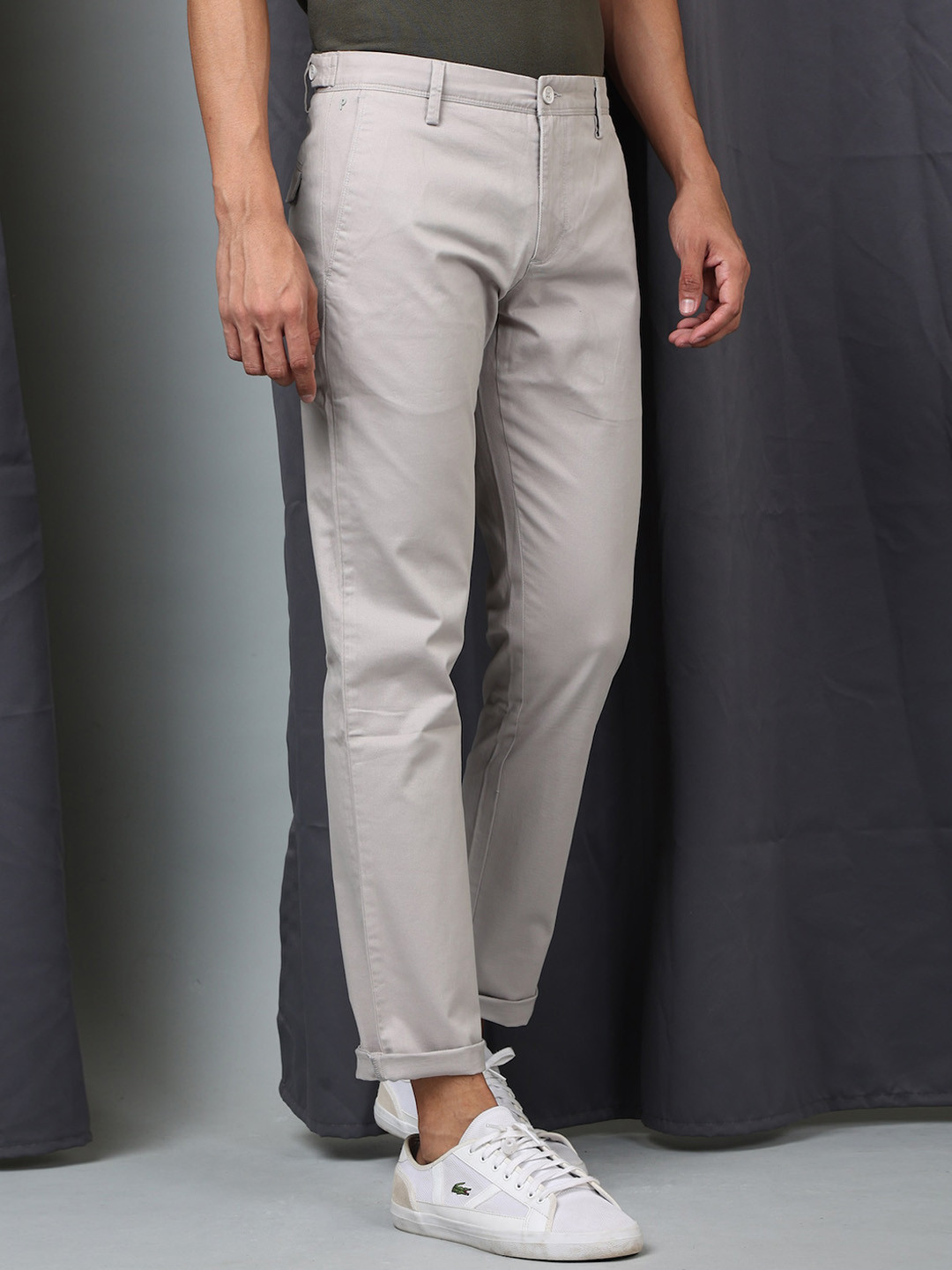 

POE Men Mid-Rise Smart Slim Fit Chinos Trousers, Grey