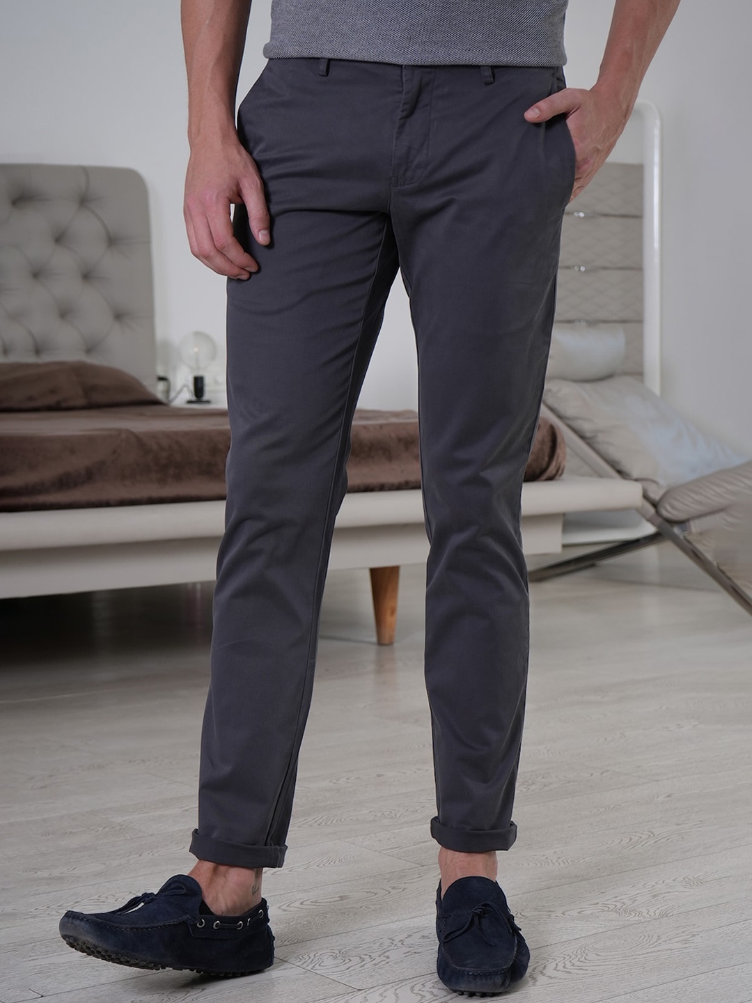 

POE Men Mid-Rise Smart Slim Fit Casual Trousers, Grey