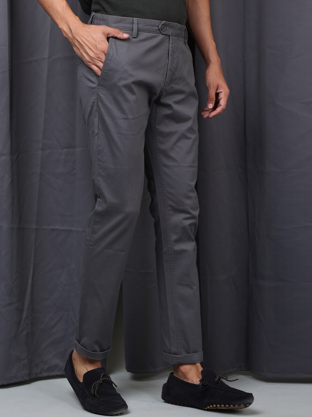 

POE Men Mid-Rise Smart Slim Fit Chinos Trousers, Grey