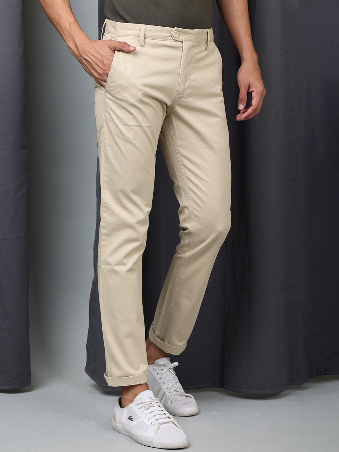 

POE Men Mid-Rise Smart Slim Fit Chinos Trousers, Beige