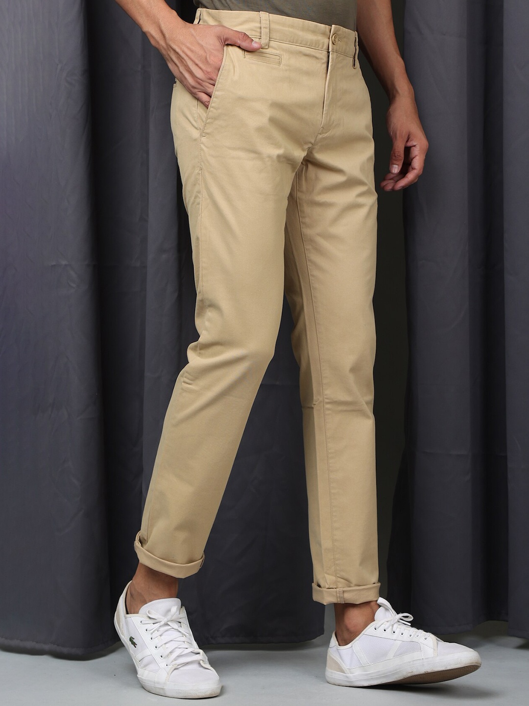 

POE Men Mid-Rise Smart Slim Fit Chinos Trousers, Khaki