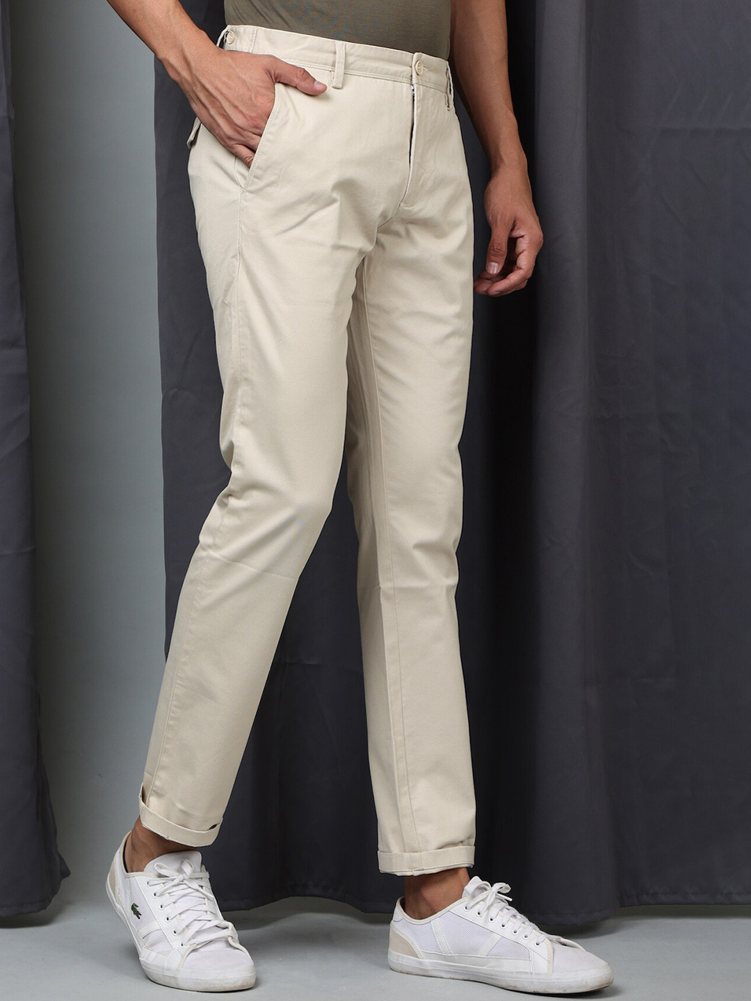 

POE Men Mid-Rise Smart Slim Fit Chinos Trousers, Beige