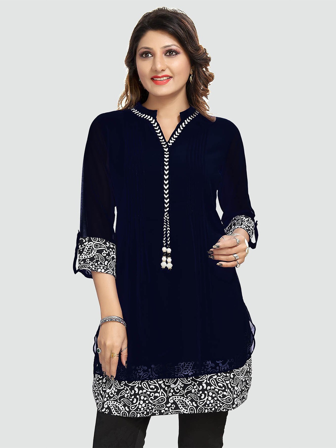 

keshubaba Paisley Printed Mandarin Collar Layered Tunic, Navy blue