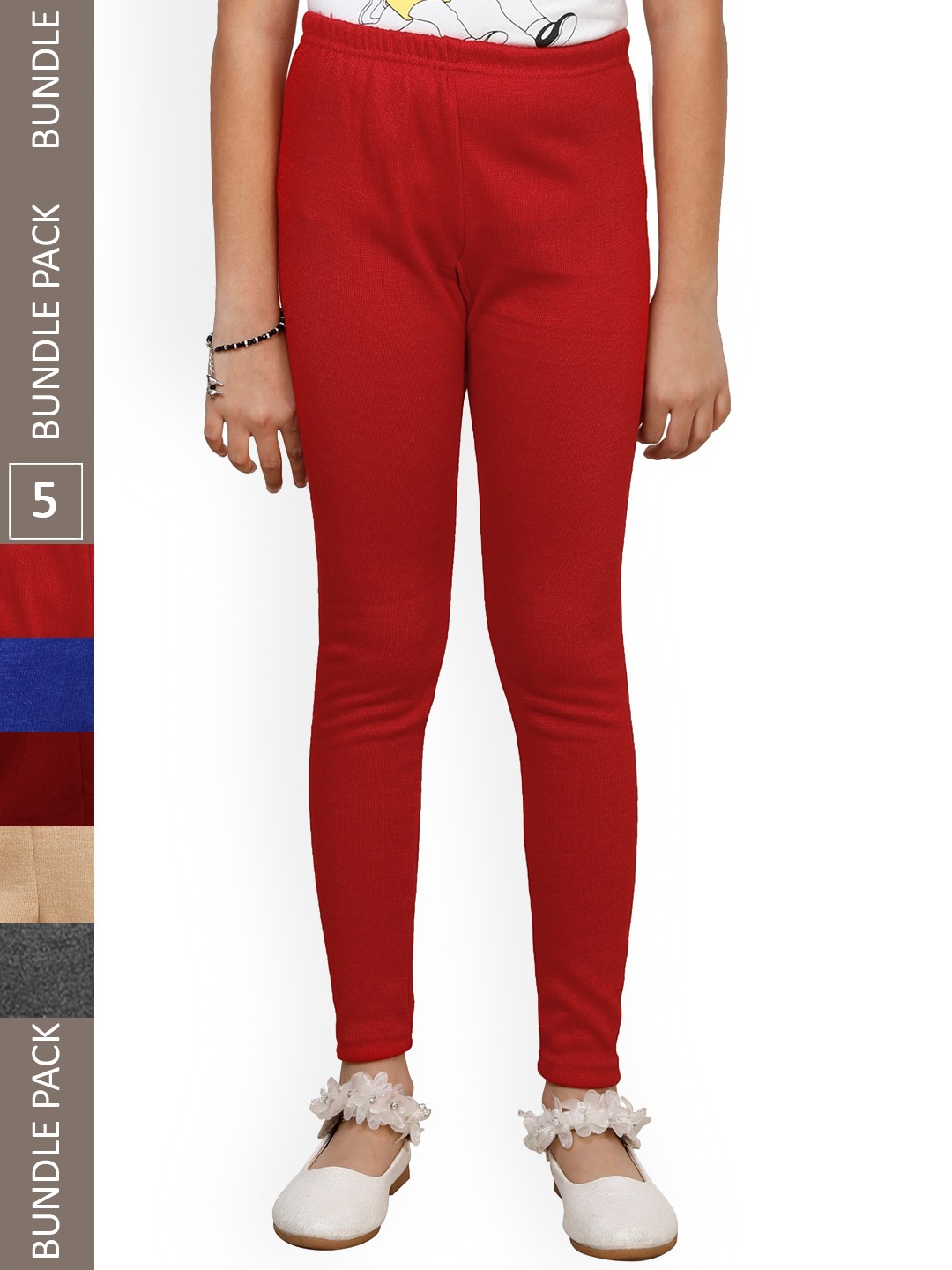 

IndiWeaves Girls Pack Of 5 Woolen Ankle Length Leggings, Red