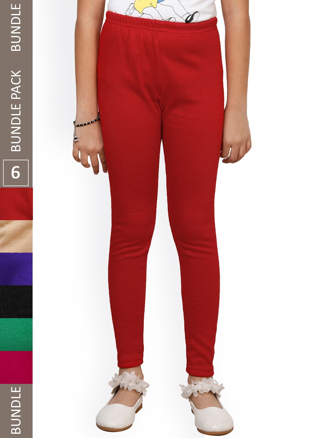 

IndiWeaves Girls Pack Of 6 Woollen Ankle Length Leggings, Red