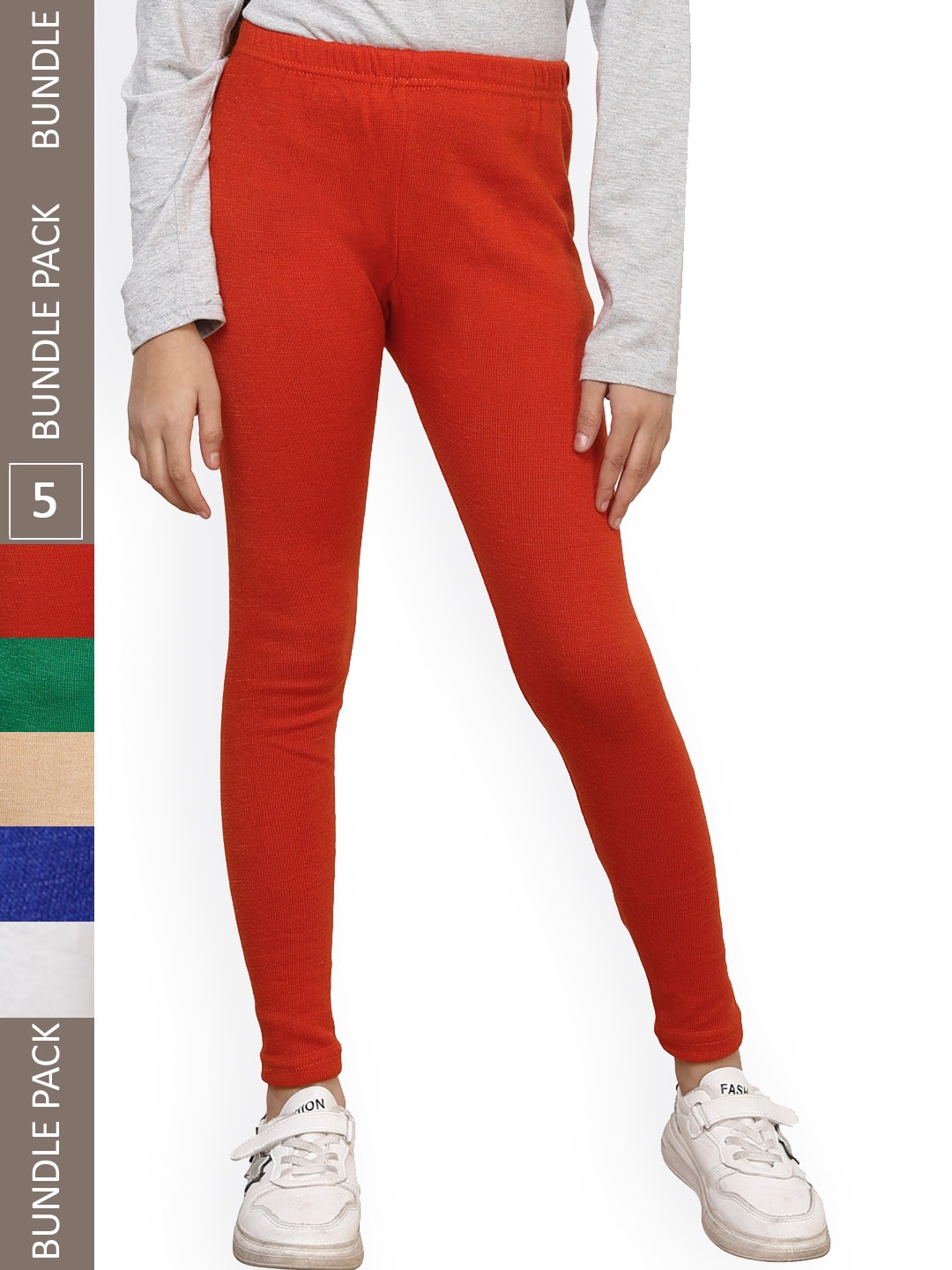 

IndiWeaves Girls Pack Of 5 Woollen Ankle Length Leggings, Orange
