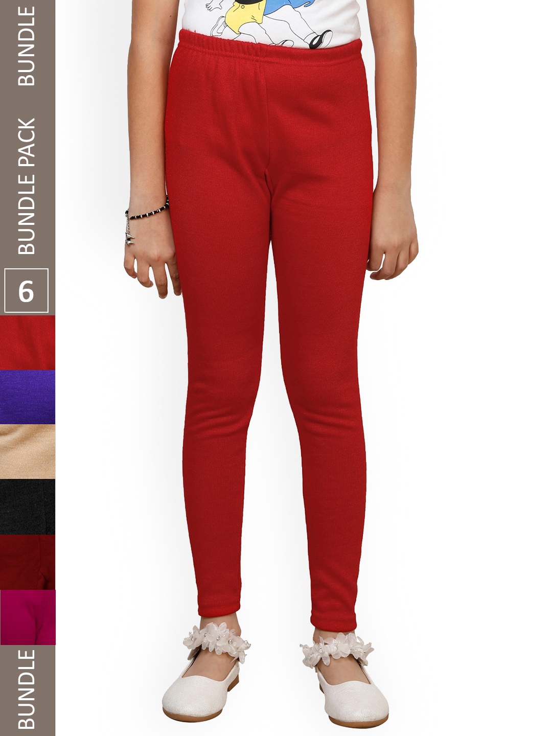 

IndiWeaves Girls Pack Of 6 Woollen Ankle Length Leggings, Red