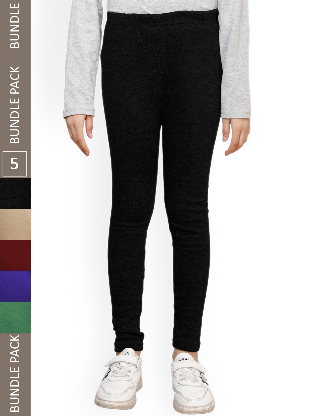 

IndiWeaves Girls Pack Of 5 Wool Ankle Length Leggings, Black