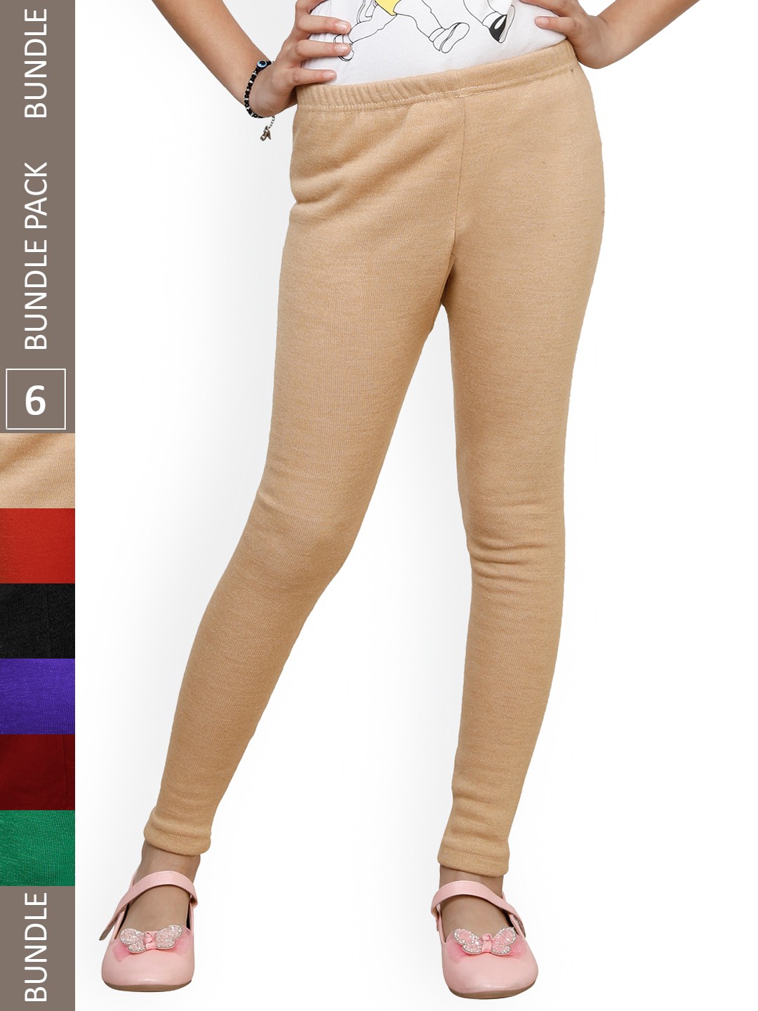 

IndiWeaves Girls Pack Of 6 Ankle Length Warm Leggings, Beige