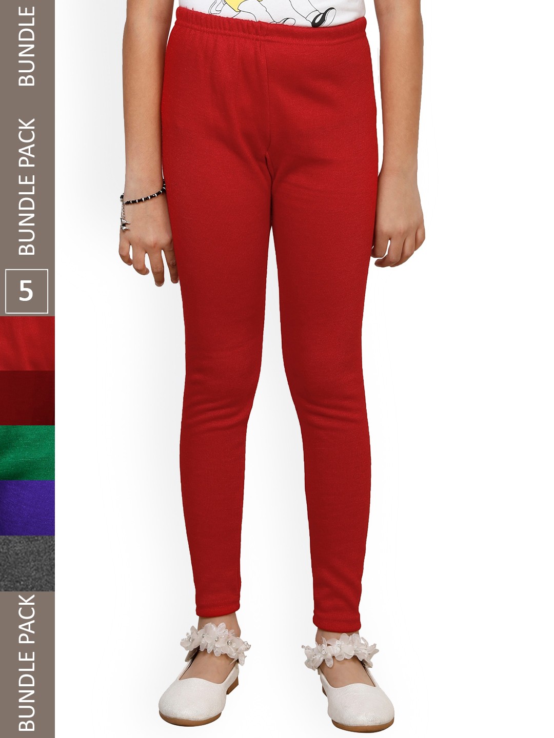 

IndiWeaves Girls Pack Of 5 Woolen Ankle Length Leggings, Red