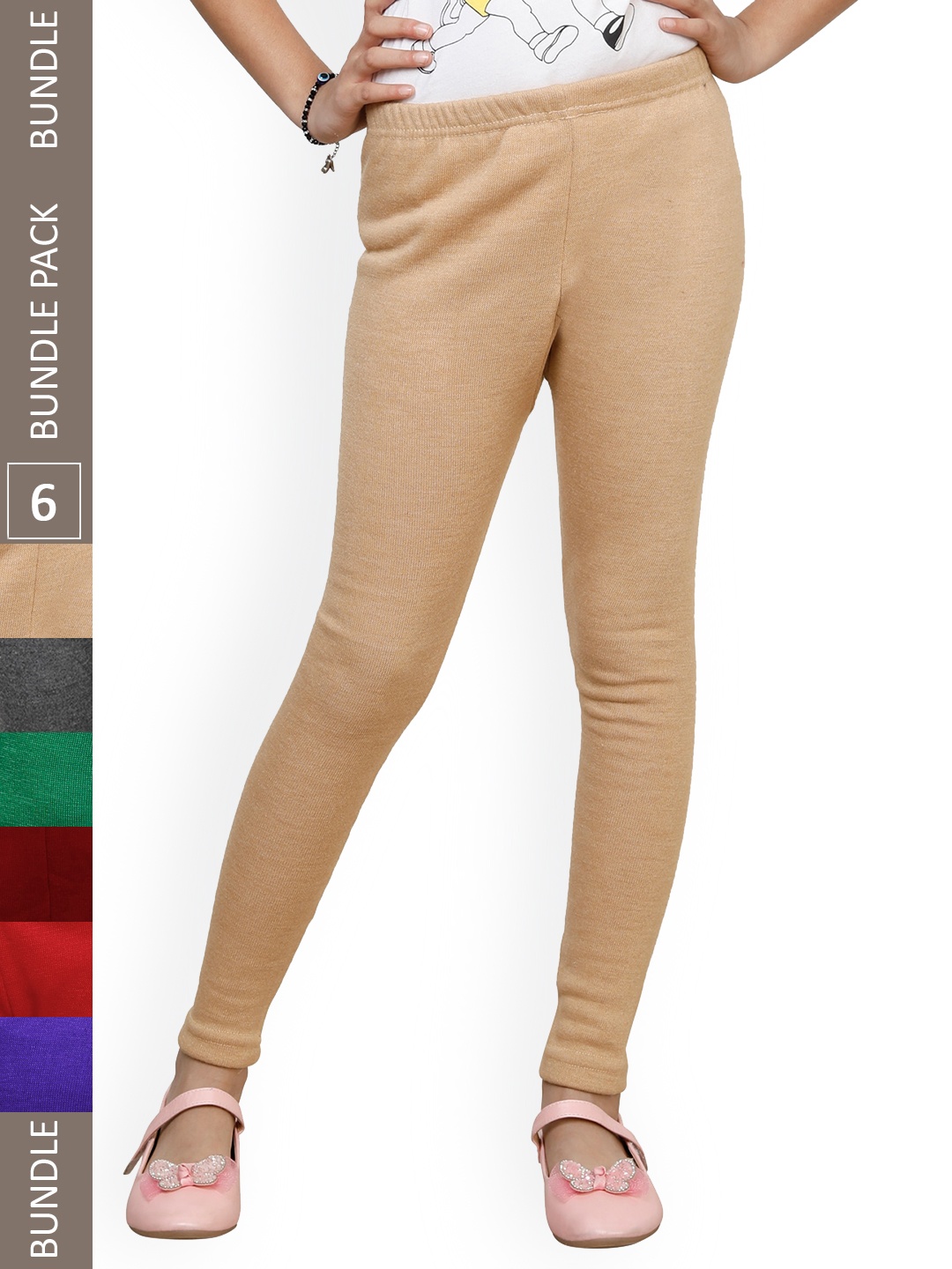 

IndiWeaves Girls Pack of 6 Ankle-Length Wool Leggings, Beige