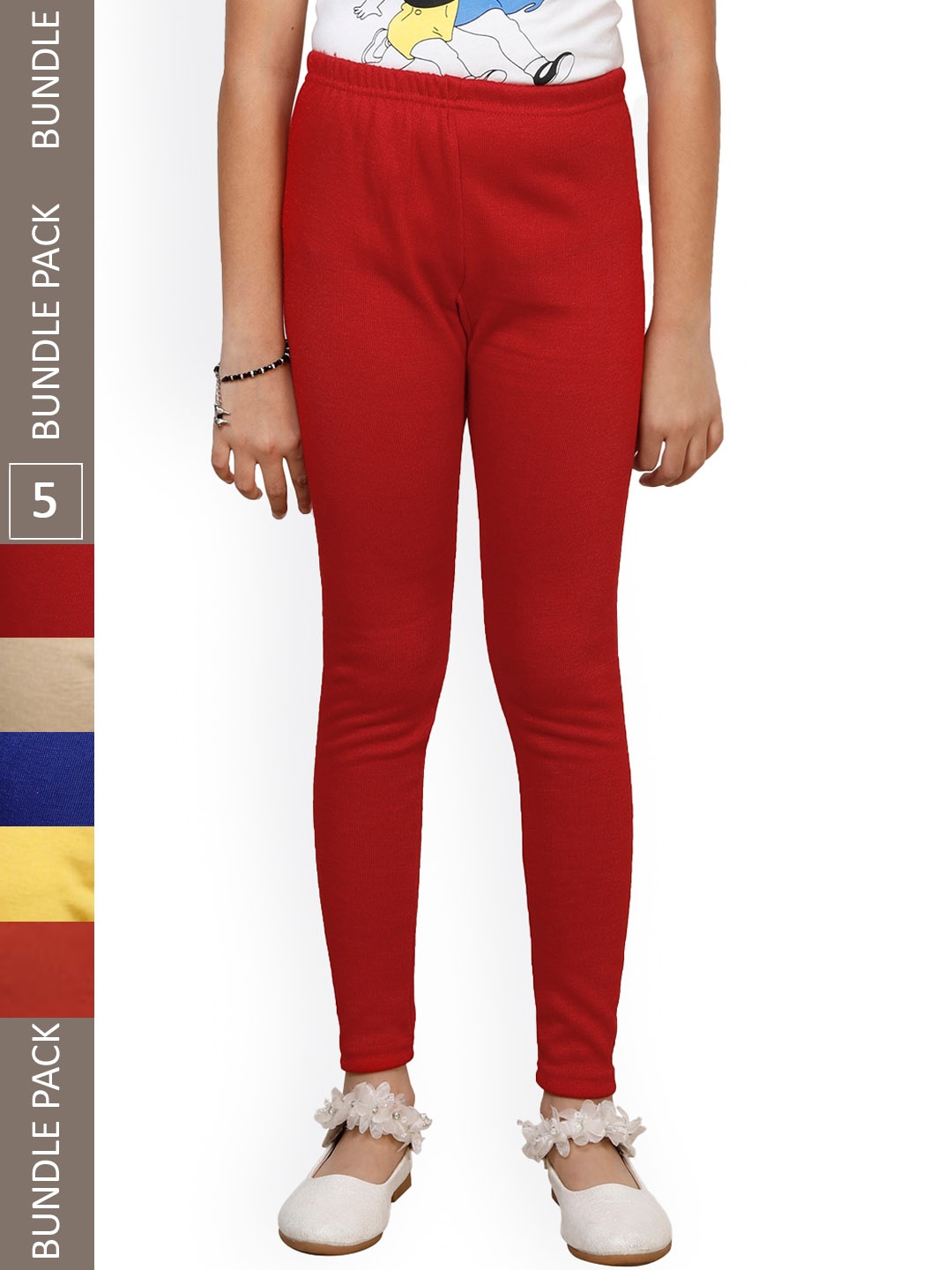 

IndiWeaves Girls Pack Of 5 Ankle-Length Wool Leggings, Red