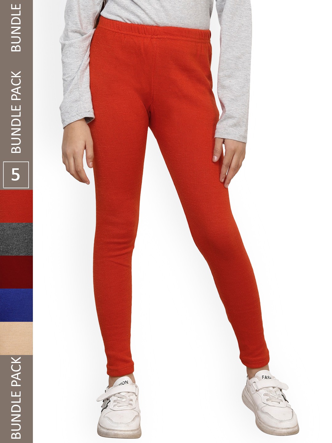 

IndiWeaves Girls Pack Of 5 Solid Pure Cotton Ankle Length Leggings, Red