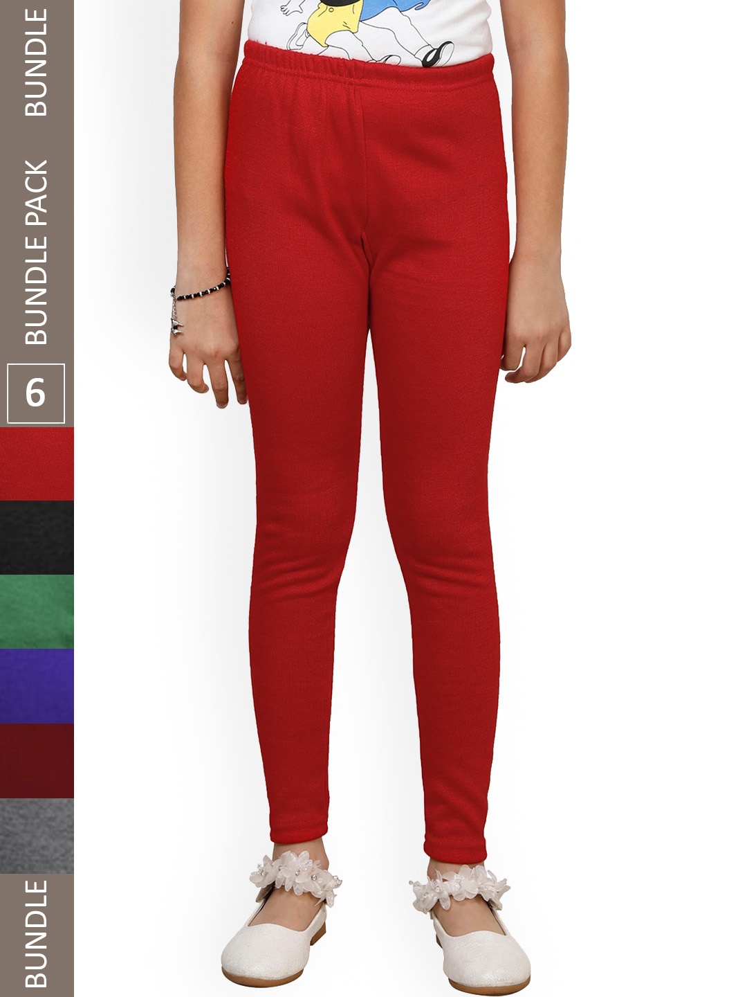

IndiWeaves Girls Pack Of 6 Woolen Ankle Length Leggings, Red