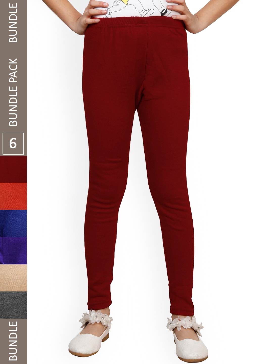 

IndiWeaves Girls Pack Of 6 Ankle Length Warm Leggings, Red
