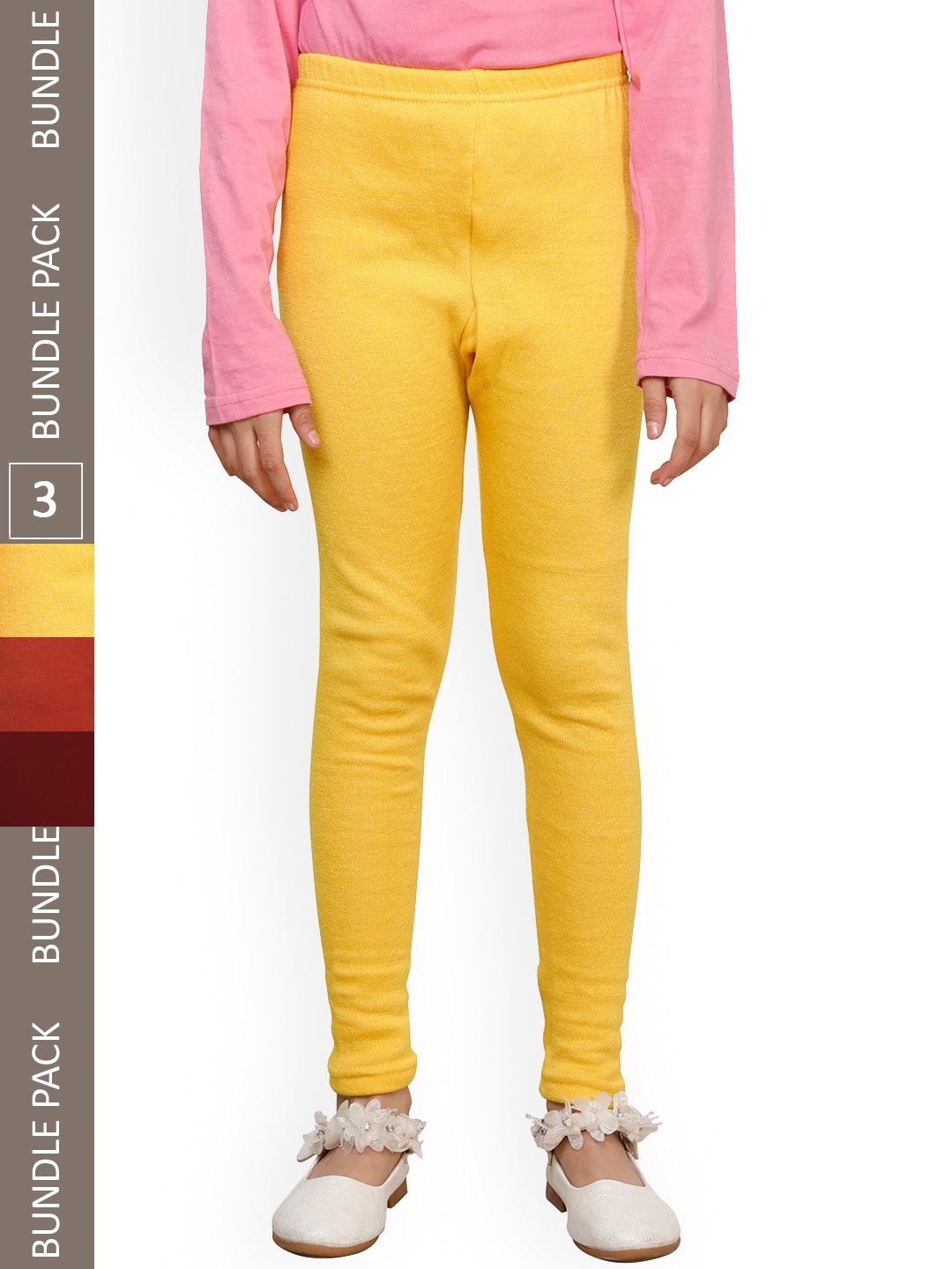 

IndiWeaves Girls Pack Of 3 Super Warm Woolen Ankle-Length Leggings, Yellow