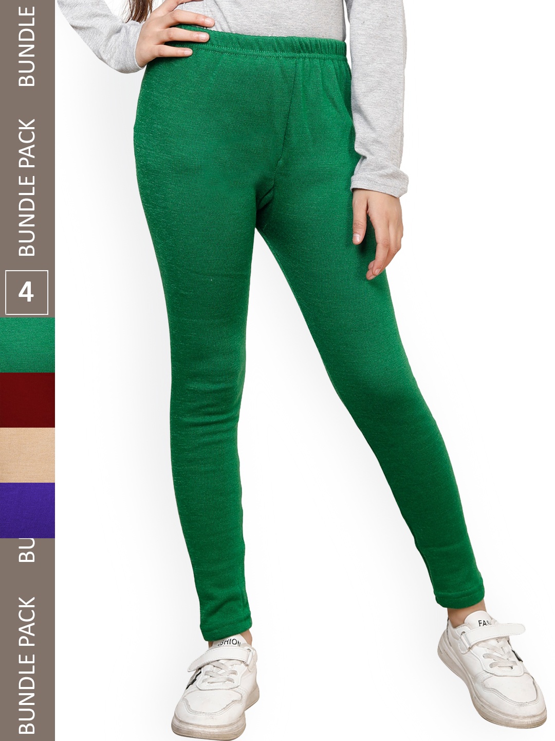 

IndiWeaves Girls Pack Of 4 Ankle Length Woolen Leggings, Green