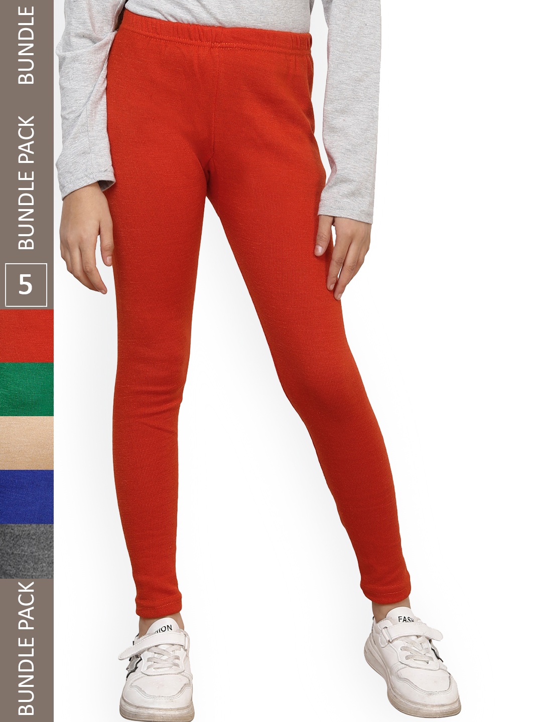 

IndiWeaves Girls Pack Of 5 Woolen Ankle Length Leggings, Red
