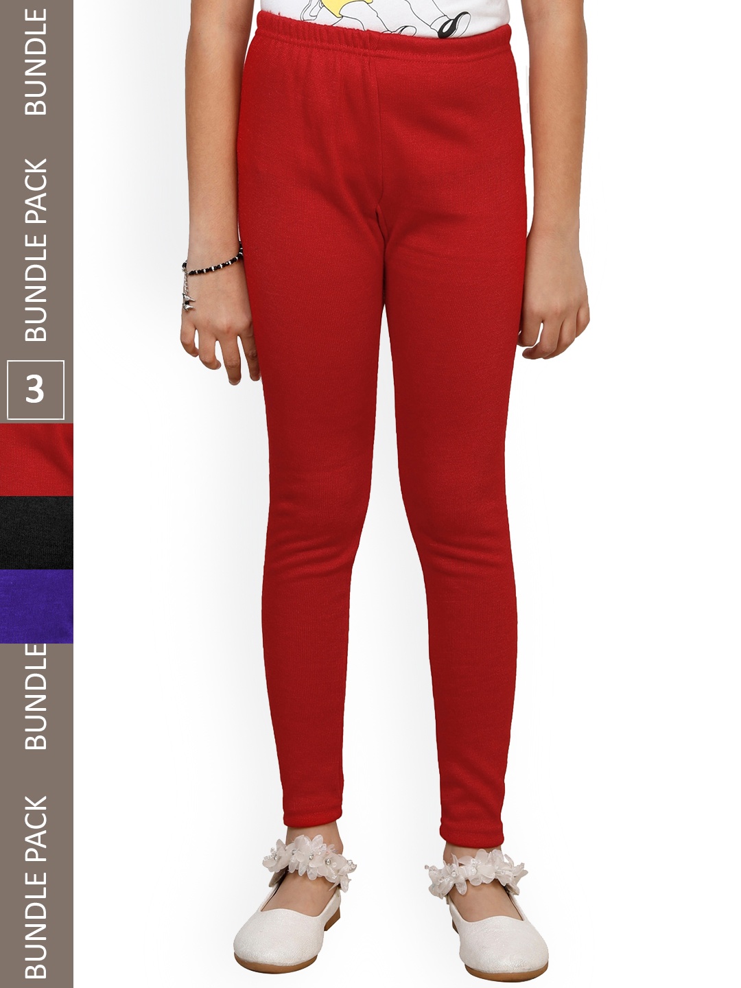 

IndiWeaves Girls Pack Of 3 Woolen Ankle-Length Leggings, Red