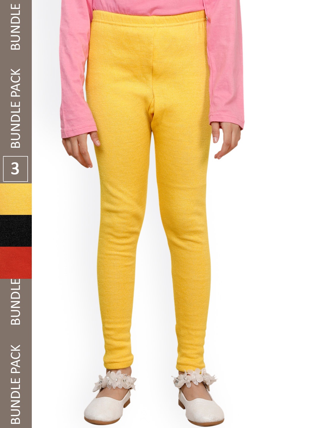 

IndiWeaves Girls Pack Of 3 Ankle-Length Super Warm Wool Leggings, Yellow