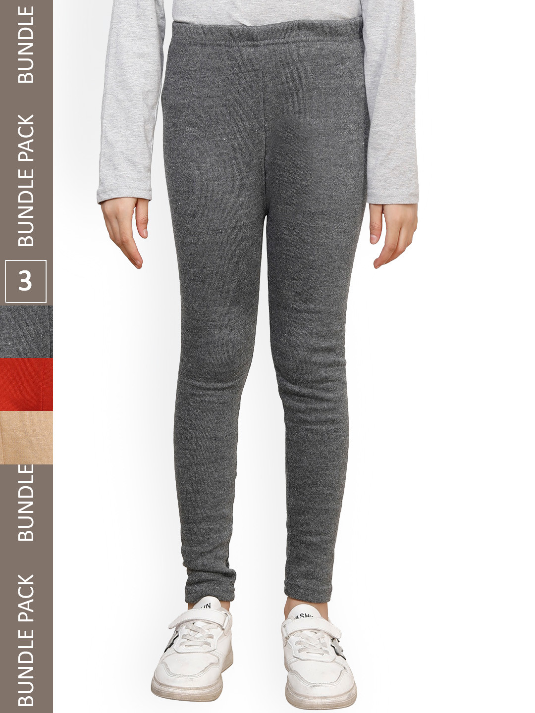 

IndiWeaves Girls Pack Of 3 Ankle-Length Super Warm Wool Leggings, Grey melange