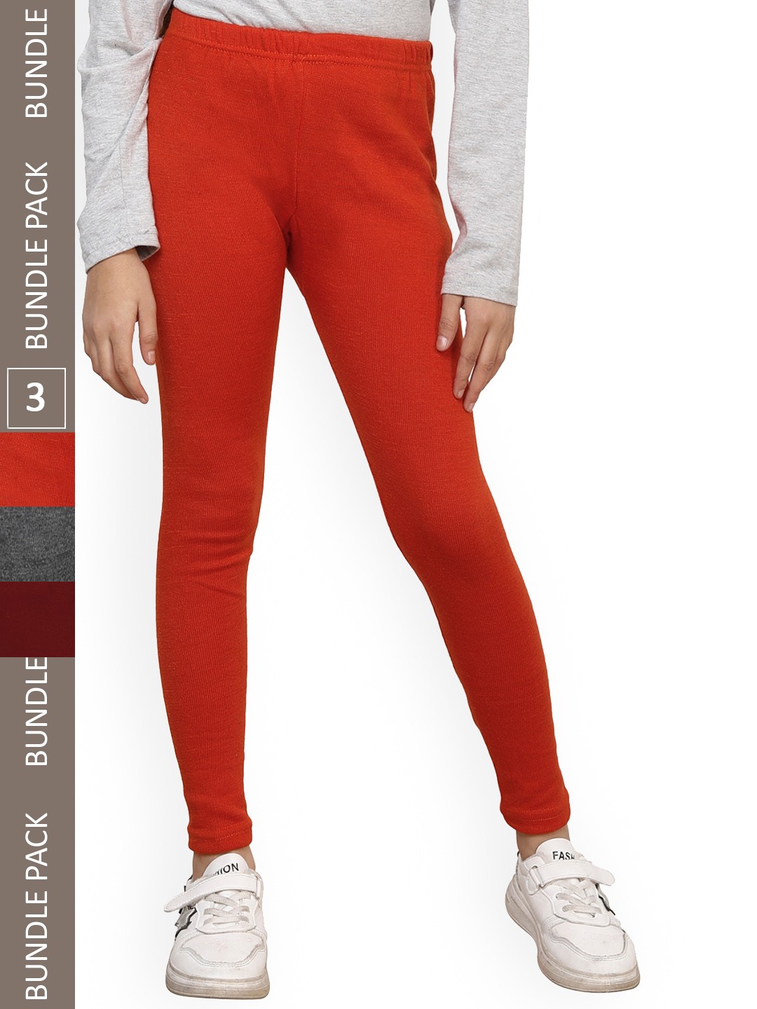 

IndiWeaves Girls Pack Of 3 Ankle-Length Wool Leggings, Red