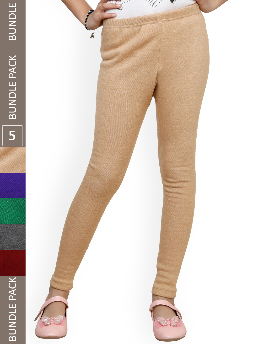 

IndiWeaves Girls Pack Of 5 Ankle-Length Wool Leggings, Beige