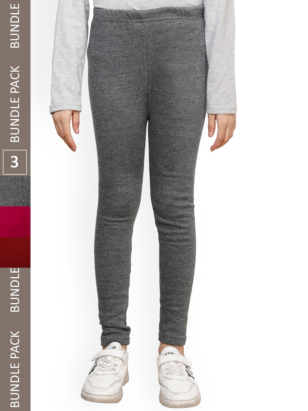 

IndiWeaves Girls Pack Of 3 Woolen Ankle Length Leggings, Grey melange