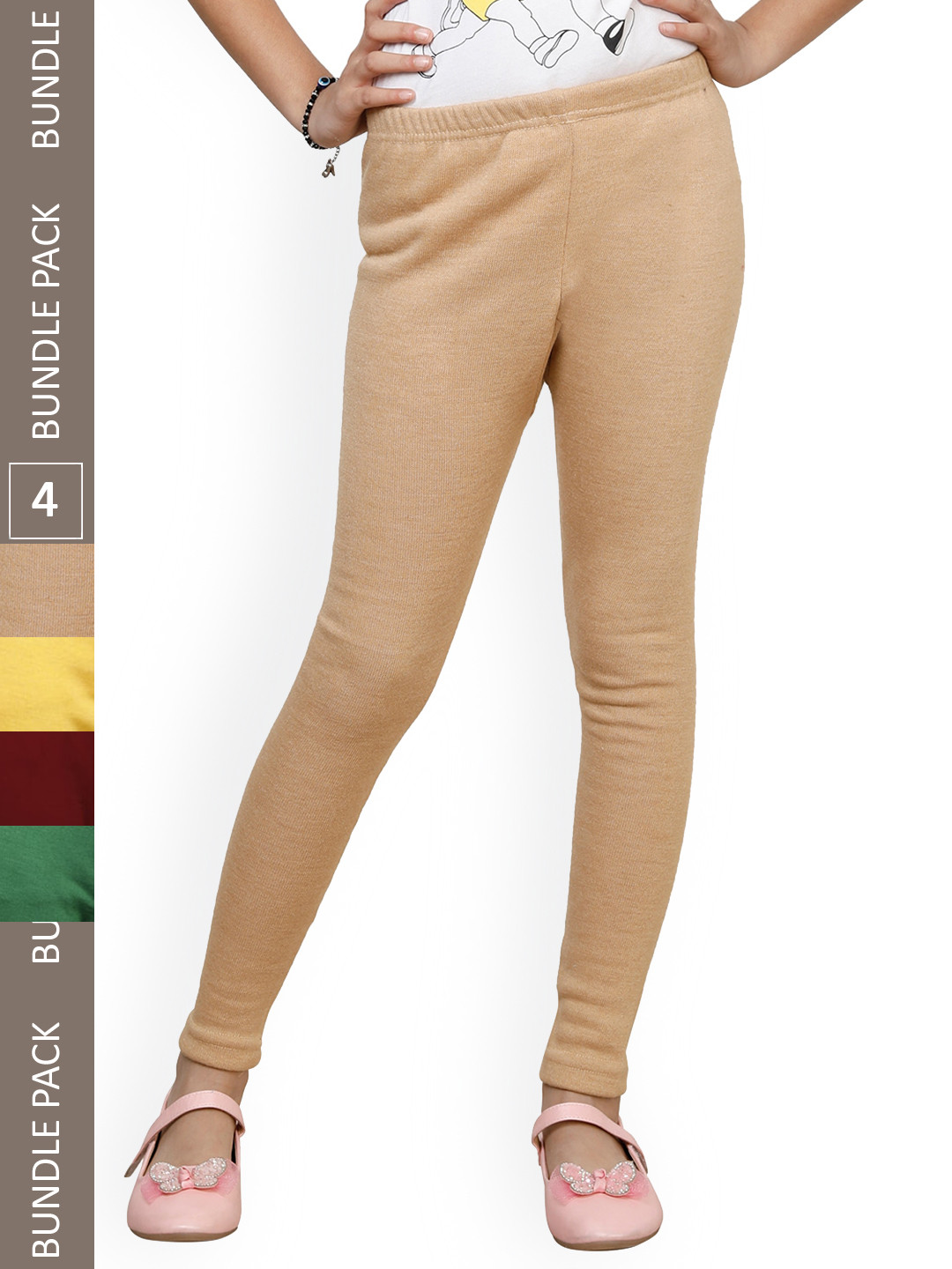 

IndiWeaves Girls Pack Of 4 Ankle-Length Wool Leggings, Beige
