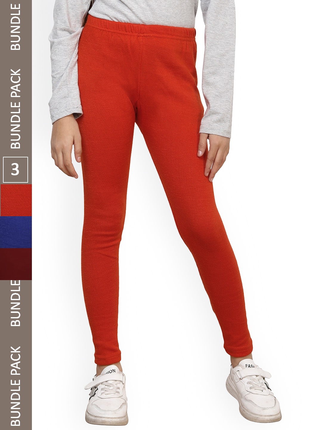 

IndiWeaves Girls Pack Of 3 Woolen Ankle-Length Leggings, Red