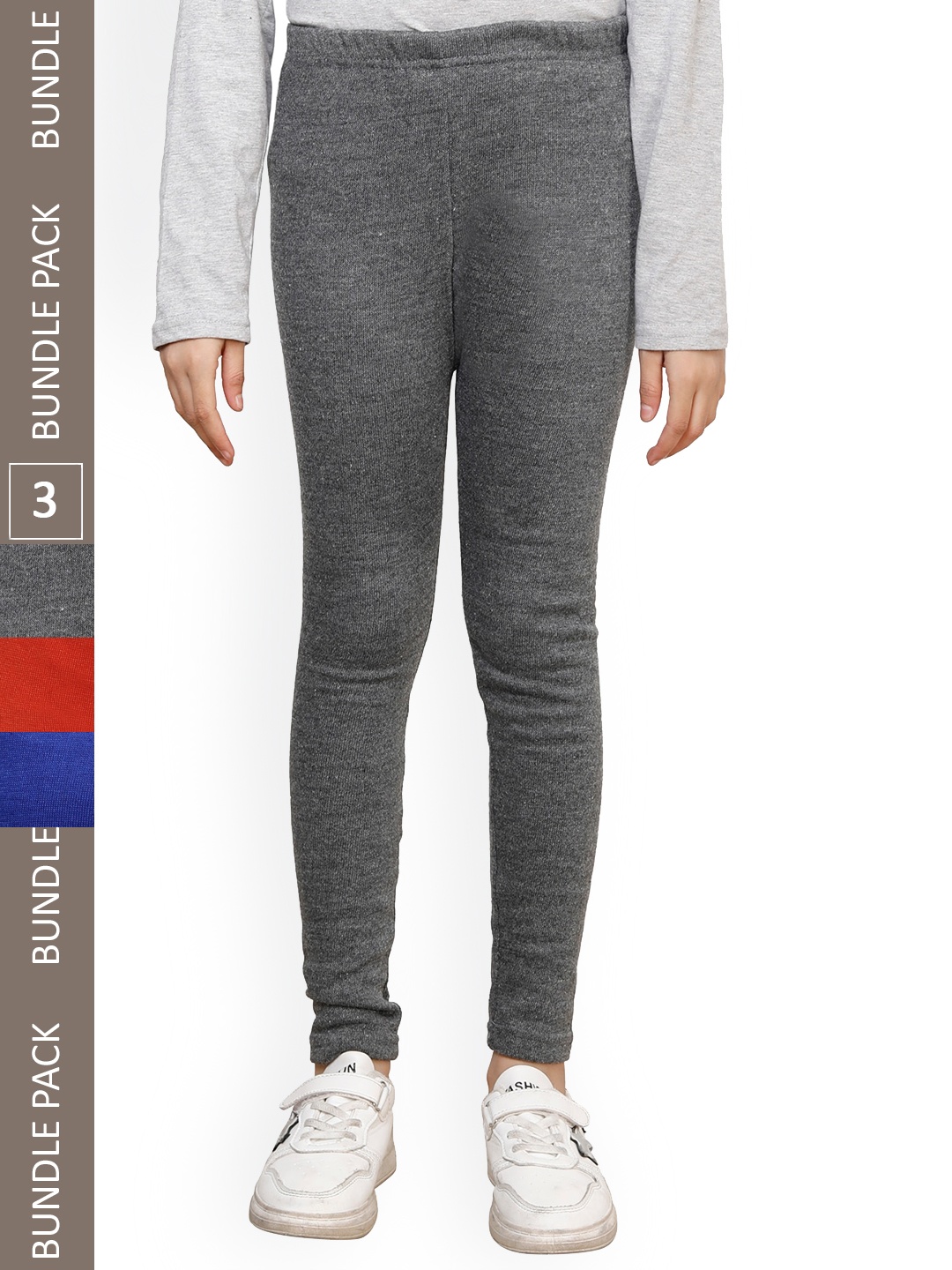 

IndiWeaves Girls Pack Of 3 Ankle-Length Wool Leggings, Grey melange