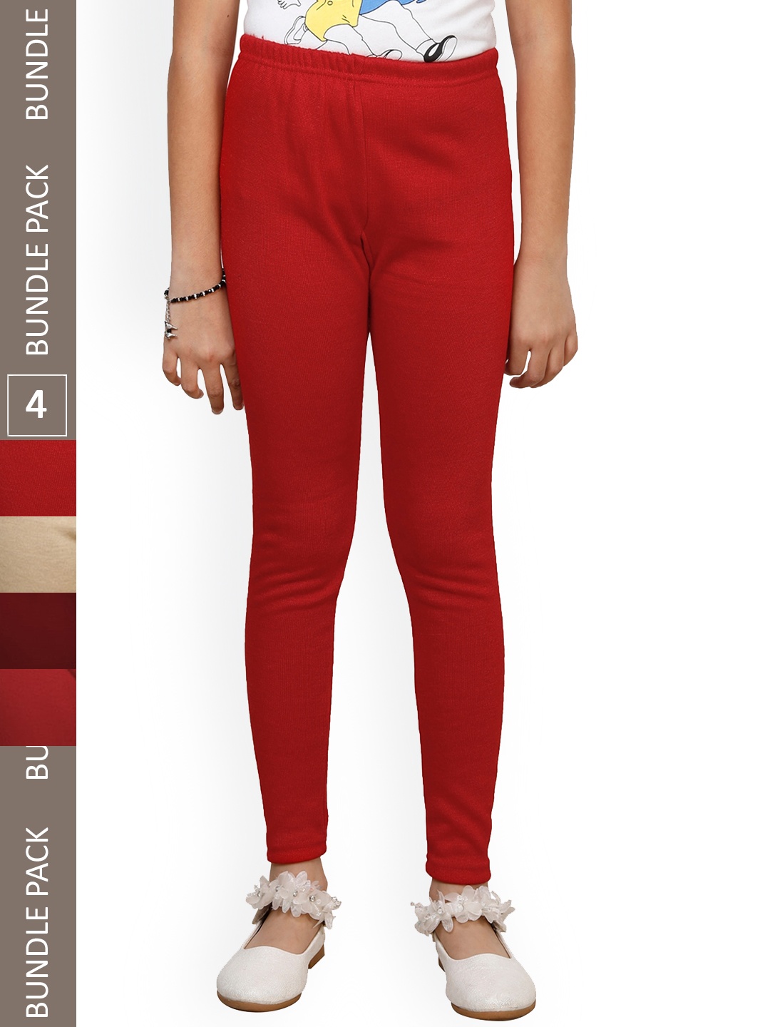 

IndiWeaves Girls Pack Of 4 Ankle-Length Woolen Leggings, Red