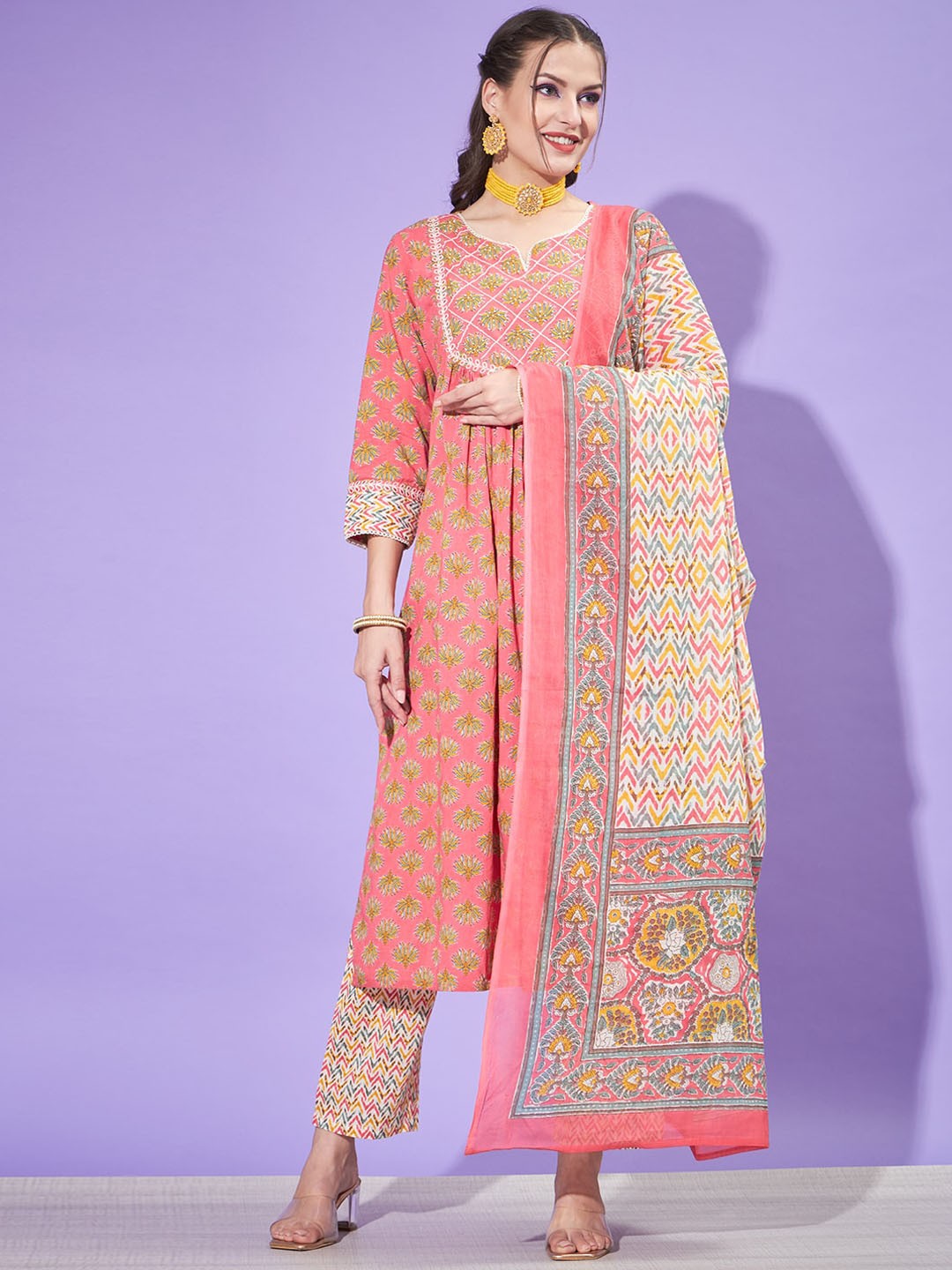 

Silai Bunai Pink Floral Printed Pure Cotton A-Line Kurta with Trousers And Dupatta